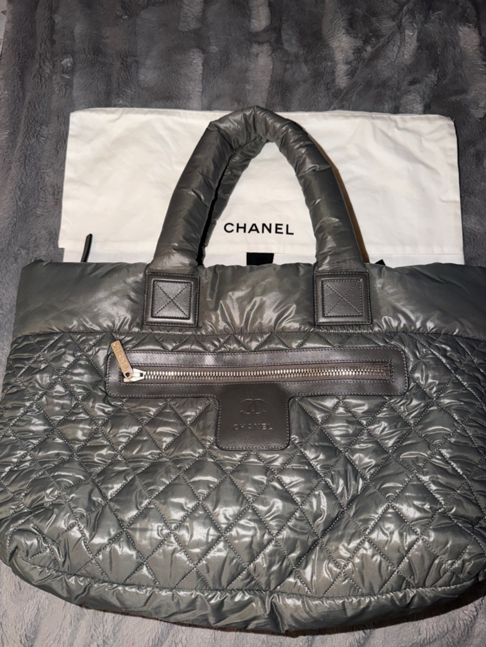 Preloved CHANEL Quilted Nylon Tote Bag in Gray n blue inside with pocket.